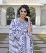 women blue floral print anarkali kurta bottom and dupatta set