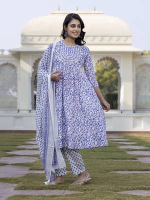 women blue floral print anarkali kurta bottom and dupatta set 2