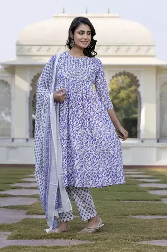 women blue floral print anarkali kurta bottom and dupatta set