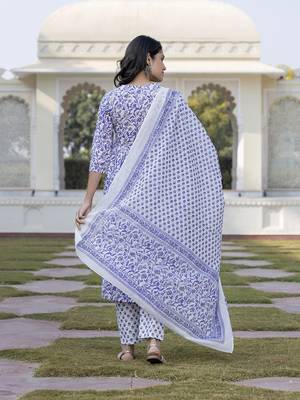 women blue floral print anarkali kurta bottom and dupatta set 3