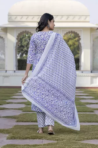 women blue floral print anarkali kurta bottom and dupatta set