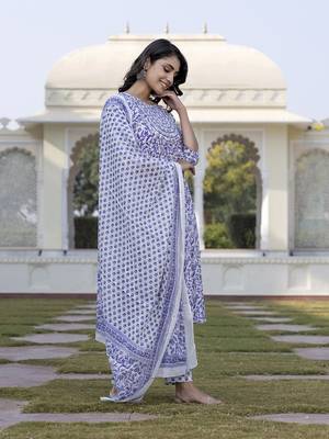 women blue floral print anarkali kurta bottom and dupatta set 4
