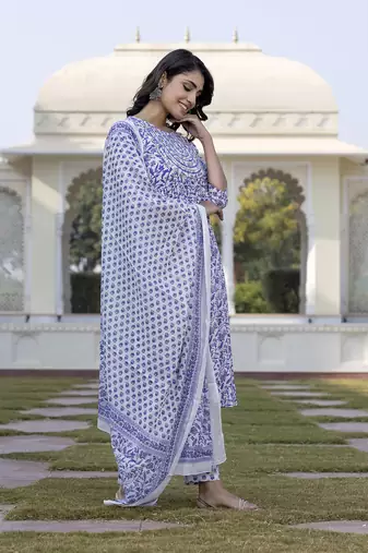 women blue floral print anarkali kurta bottom and dupatta set