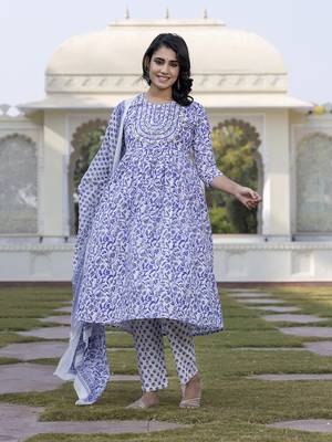 women blue floral print anarkali kurta bottom and dupatta set 5