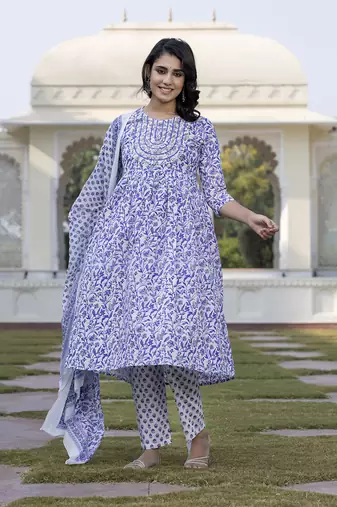 women blue floral print anarkali kurta bottom and dupatta set