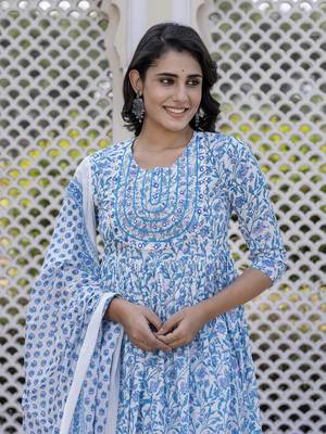 women turquoise blue floral print anarkali kurta bottom and dupatta set 1