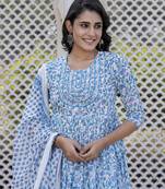 women turquoise blue floral print anarkali kurta bottom and dupatta set