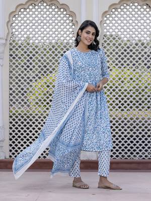 women turquoise blue floral print anarkali kurta bottom and dupatta set 2