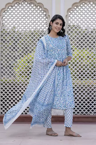 women turquoise blue floral print anarkali kurta bottom and dupatta set
