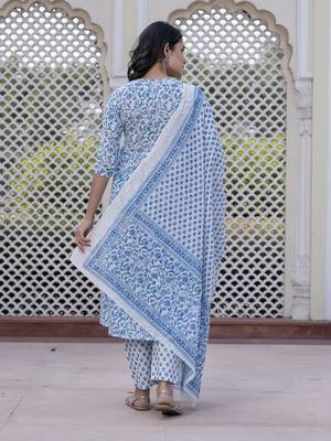 women turquoise blue floral print anarkali kurta bottom and dupatta set 3