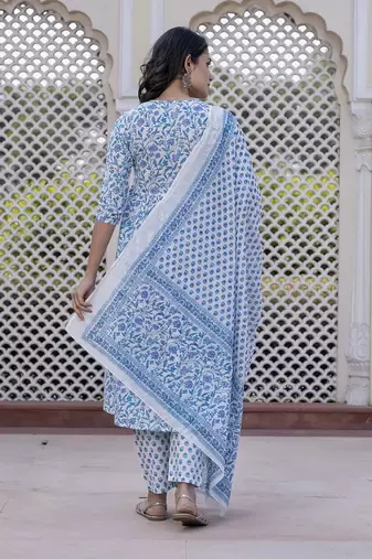 women turquoise blue floral print anarkali kurta bottom and dupatta set