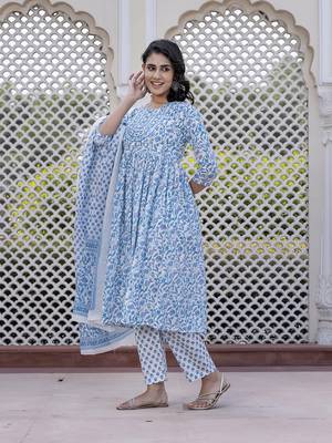 women turquoise blue floral print anarkali kurta bottom and dupatta set 4