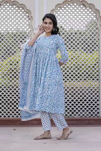 women turquoise blue floral print anarkali kurta bottom and dupatta set