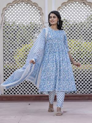 women turquoise blue floral print anarkali kurta bottom and dupatta set 5