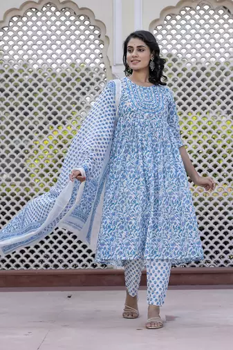 women turquoise blue floral print anarkali kurta bottom and dupatta set