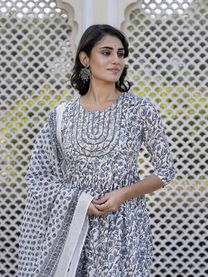 women grey floral print anarkali kurta bottom and dupatta set 1