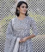 women grey floral print anarkali kurta bottom and dupatta set