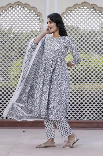 women grey floral print anarkali kurta bottom and dupatta set