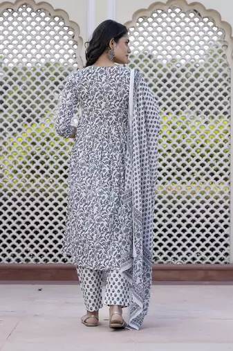 women grey floral print anarkali kurta bottom and dupatta set