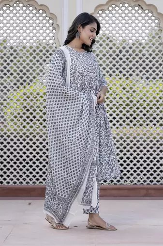 women grey floral print anarkali kurta bottom and dupatta set