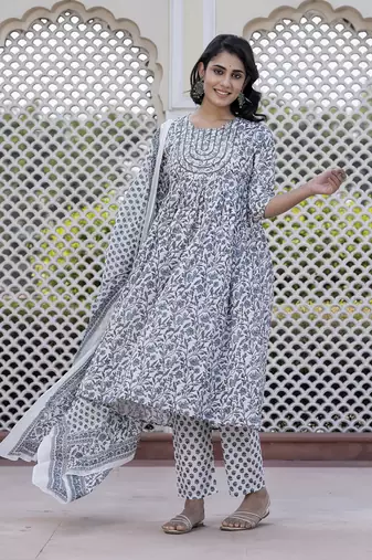 women grey floral print anarkali kurta bottom and dupatta set