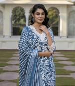 women blue and off white floral print straight kurta bottom dupatta set