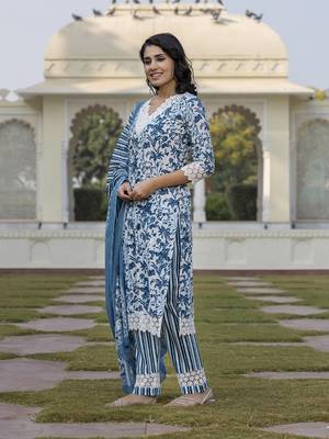 women blue and off white floral print straight kurta bottom dupatta set 2