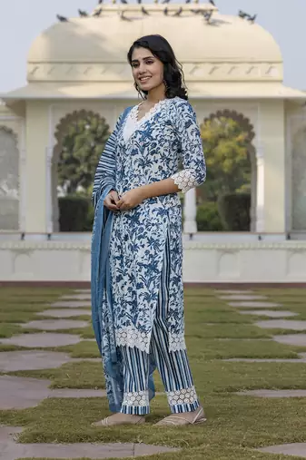 women blue and off white floral print straight kurta bottom dupatta set