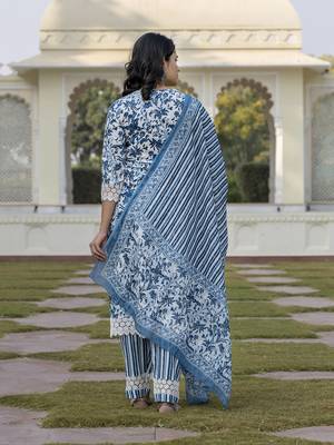 women blue and off white floral print straight kurta bottom dupatta set 3