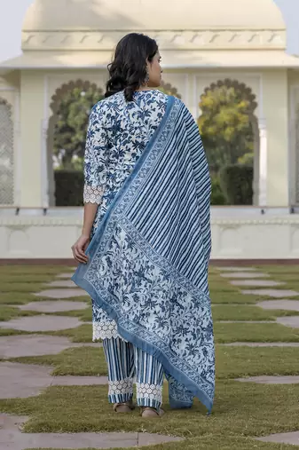 women blue and off white floral print straight kurta bottom dupatta set
