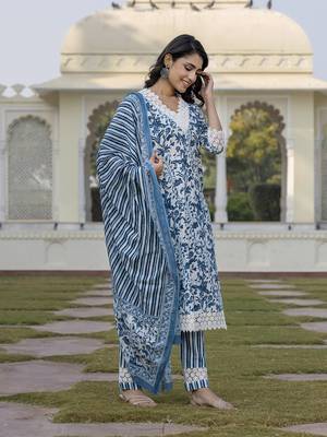 women blue and off white floral print straight kurta bottom dupatta set 4