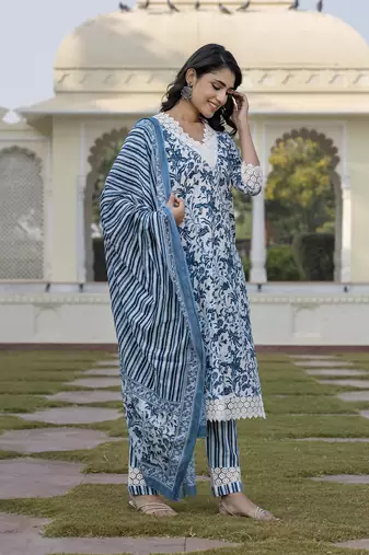 women blue and off white floral print straight kurta bottom dupatta set