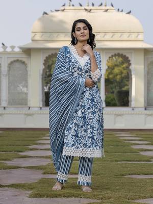 women blue and off white floral print straight kurta bottom dupatta set 5