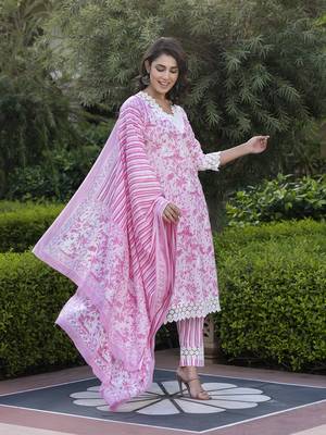 women pink and off white floral print straight kurta bottom dupatta set 1