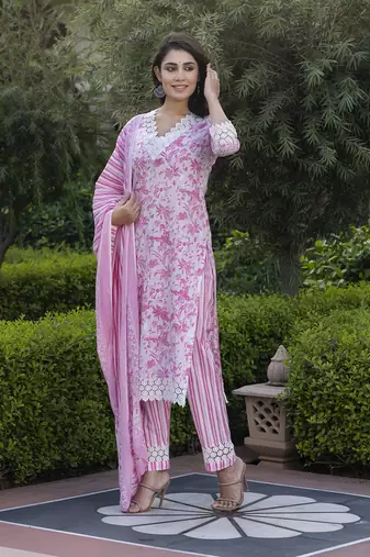 women pink and off white floral print straight kurta bottom dupatta set