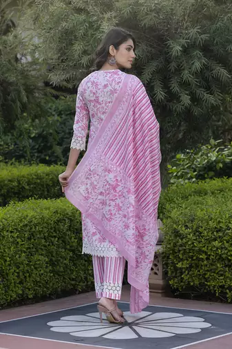 women pink and off white floral print straight kurta bottom dupatta set