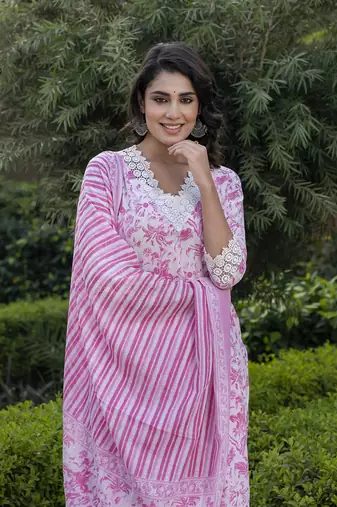 women pink and off white floral print straight kurta bottom dupatta set