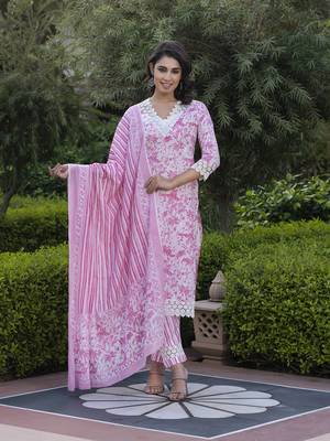 women pink and off white floral print straight kurta bottom dupatta set 5