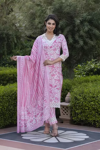 women pink and off white floral print straight kurta bottom dupatta set