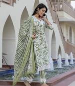 women green and off white floral print straight kurta bottom dupatta set