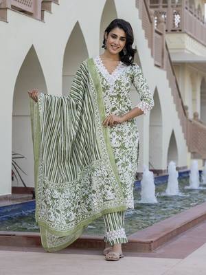 women green and off white floral print straight kurta bottom dupatta set 2