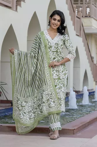 women green and off white floral print straight kurta bottom dupatta set