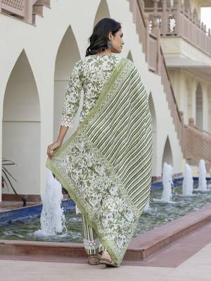 women green and off white floral print straight kurta bottom dupatta set 3