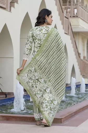 women green and off white floral print straight kurta bottom dupatta set