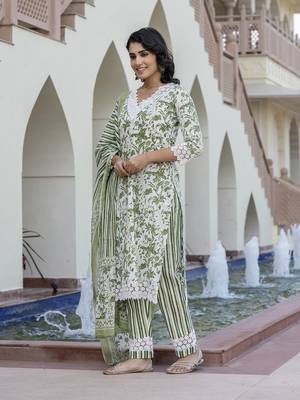 women green and off white floral print straight kurta bottom dupatta set 5