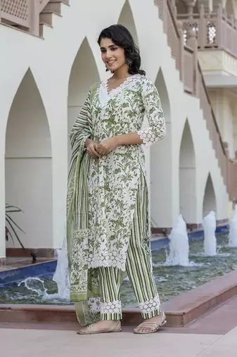 women green and off white floral print straight kurta bottom dupatta set
