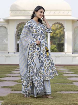 women blue and off white a-line kurta bottom and dupatta set 2