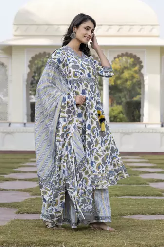women blue and off white a-line kurta bottom and dupatta set