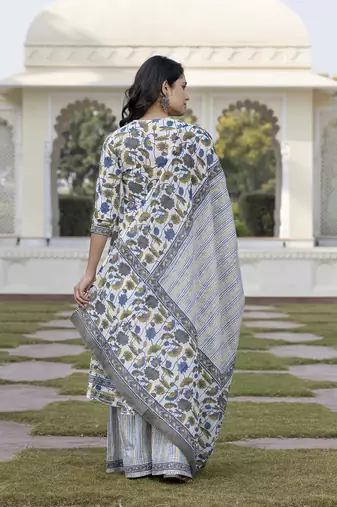 women blue and off white a-line kurta bottom and dupatta set