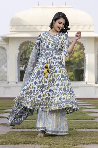 women blue and off white a-line kurta bottom and dupatta set